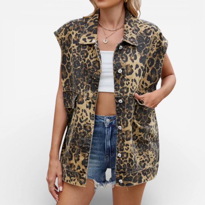 Women’s Sleeveless Leopard Print Denim Vest