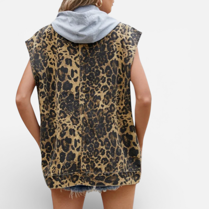 Women’s Sleeveless Leopard Print Denim Vest