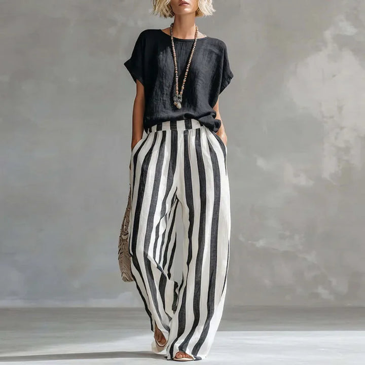 Mirella | Women's Striped Short Sleeve Wide Leg Two Piece Set