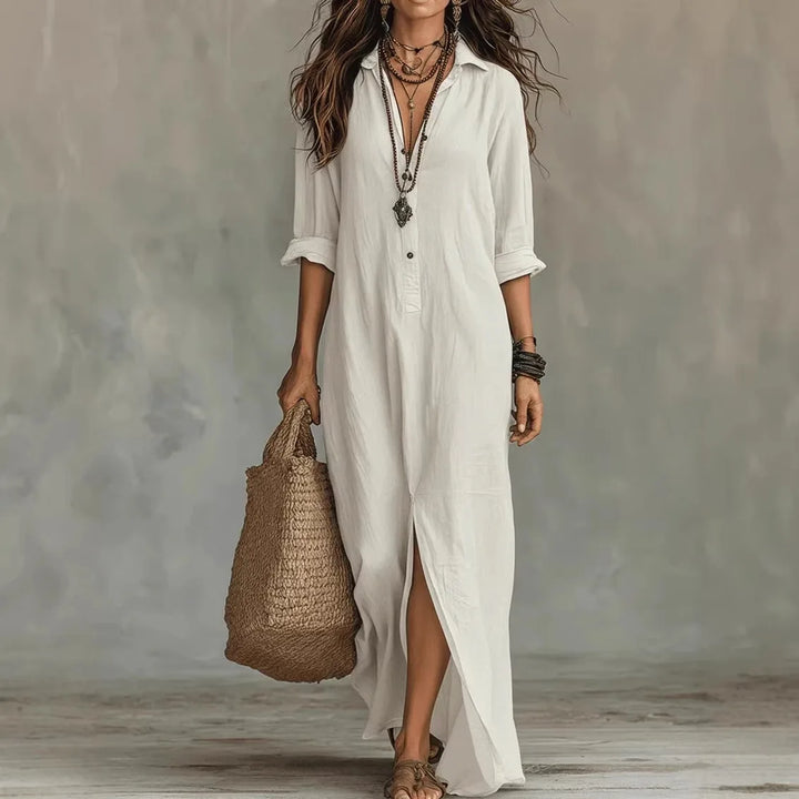 Relaxed linen long shirt dress for women | Agnes -1