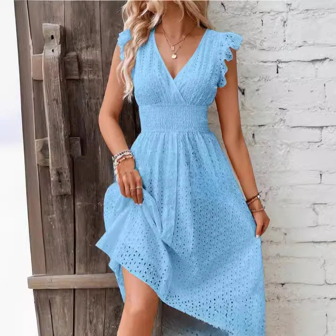 Elegant V-neck summer midi dress for women -7