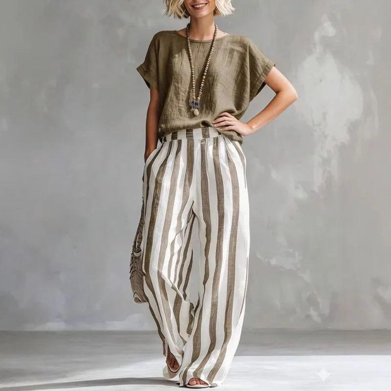 Mirella | Women's Striped Short Sleeve Wide Leg Two Piece Set