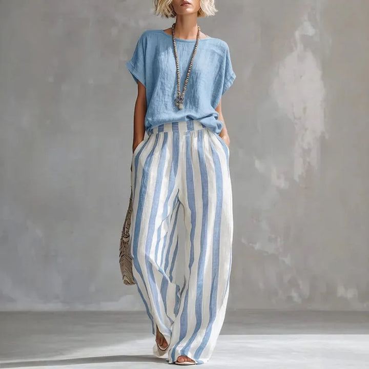 Mirella | Women's Striped Short Sleeve Wide Leg Two Piece Set