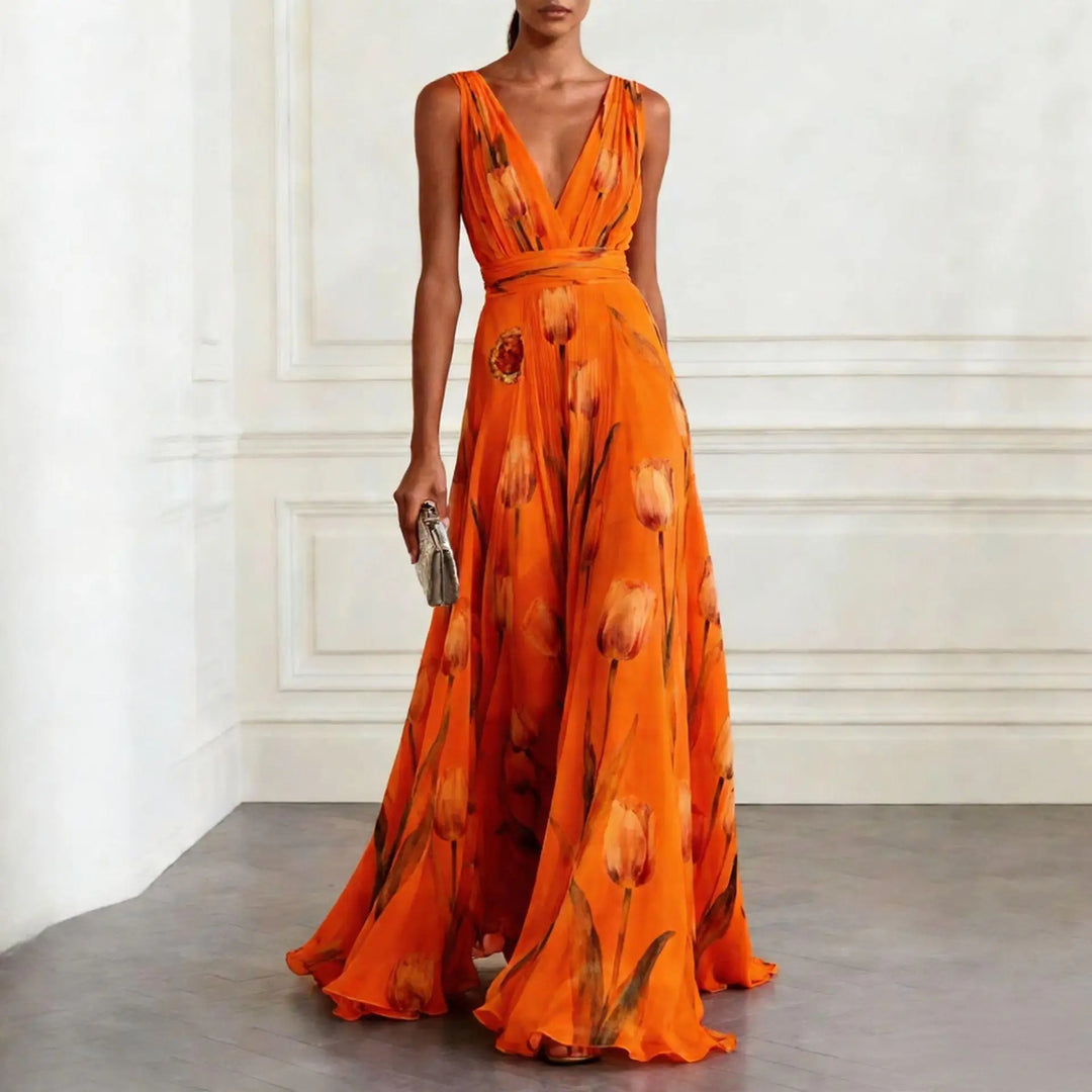 Elegant tulip print evening gown for women | Victoria -5