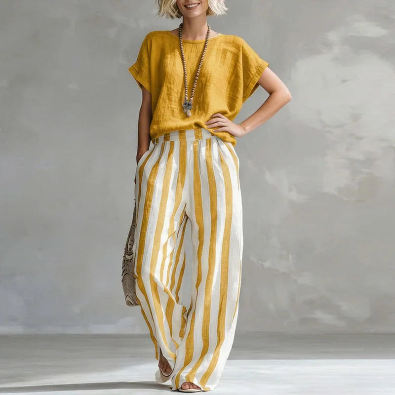 Mirella | Women's Striped Short Sleeve Wide Leg Two Piece Set