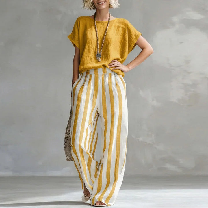 Mirella | Women's Striped Short Sleeve Wide Leg Two Piece Set