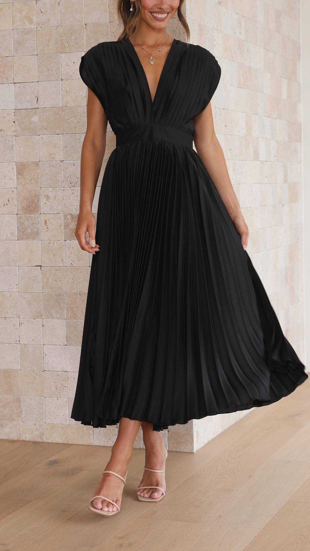 Seralyn | Women's Pleated V Neck Dress with Waist Detail
