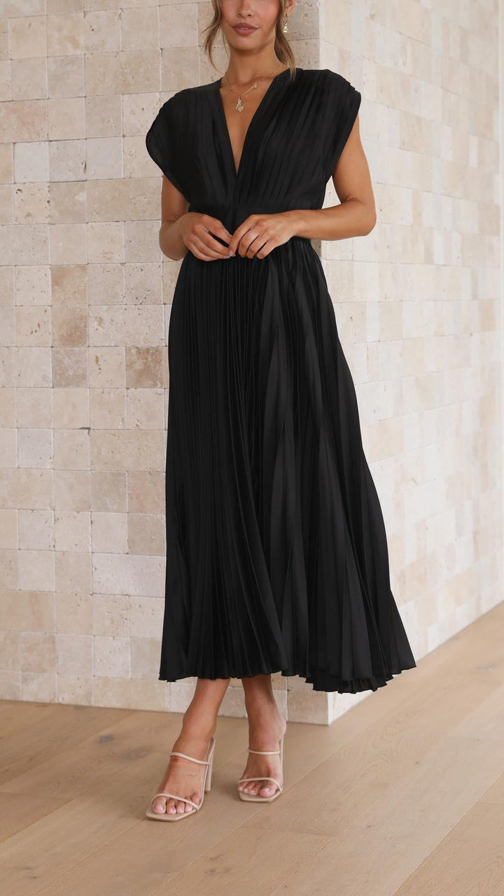 Seralyn | Women's Pleated V Neck Dress with Waist Detail