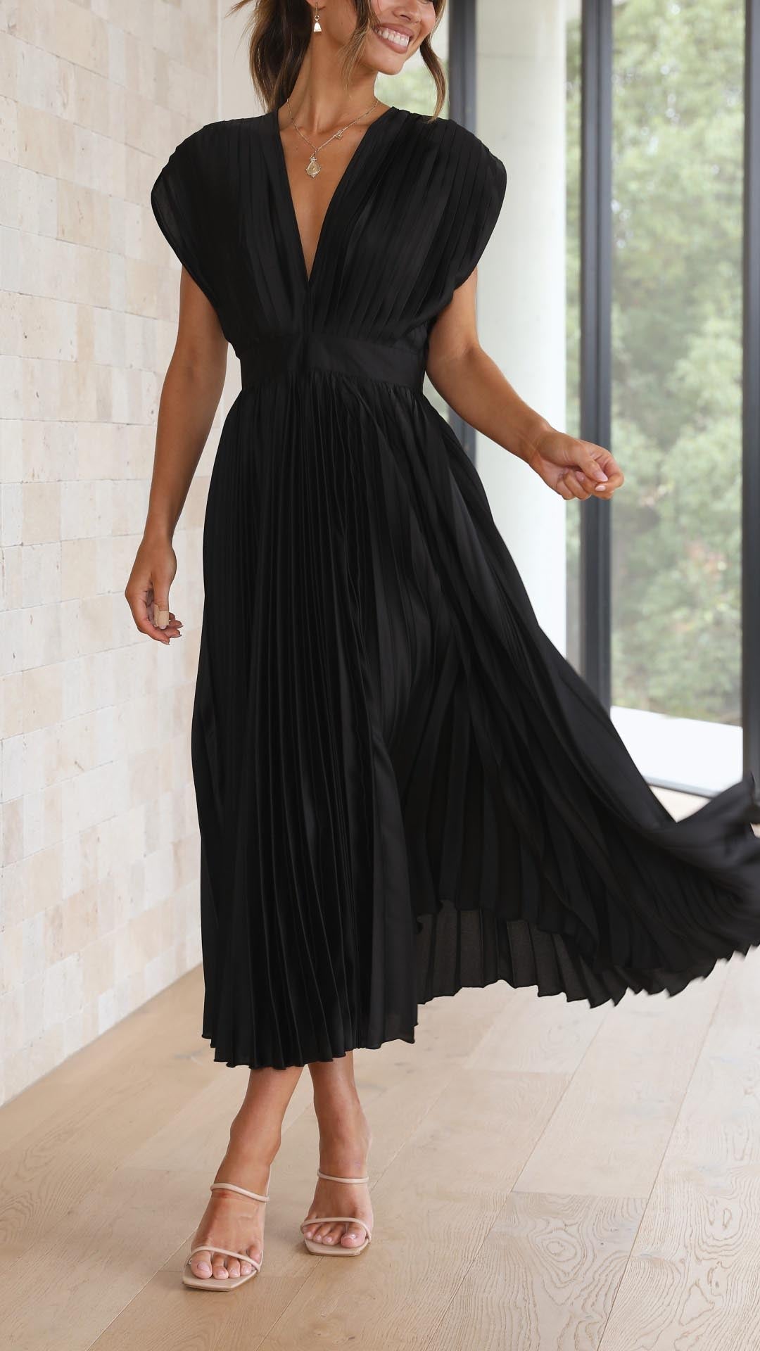 Seralyn | Women's Pleated V Neck Dress with Waist Detail