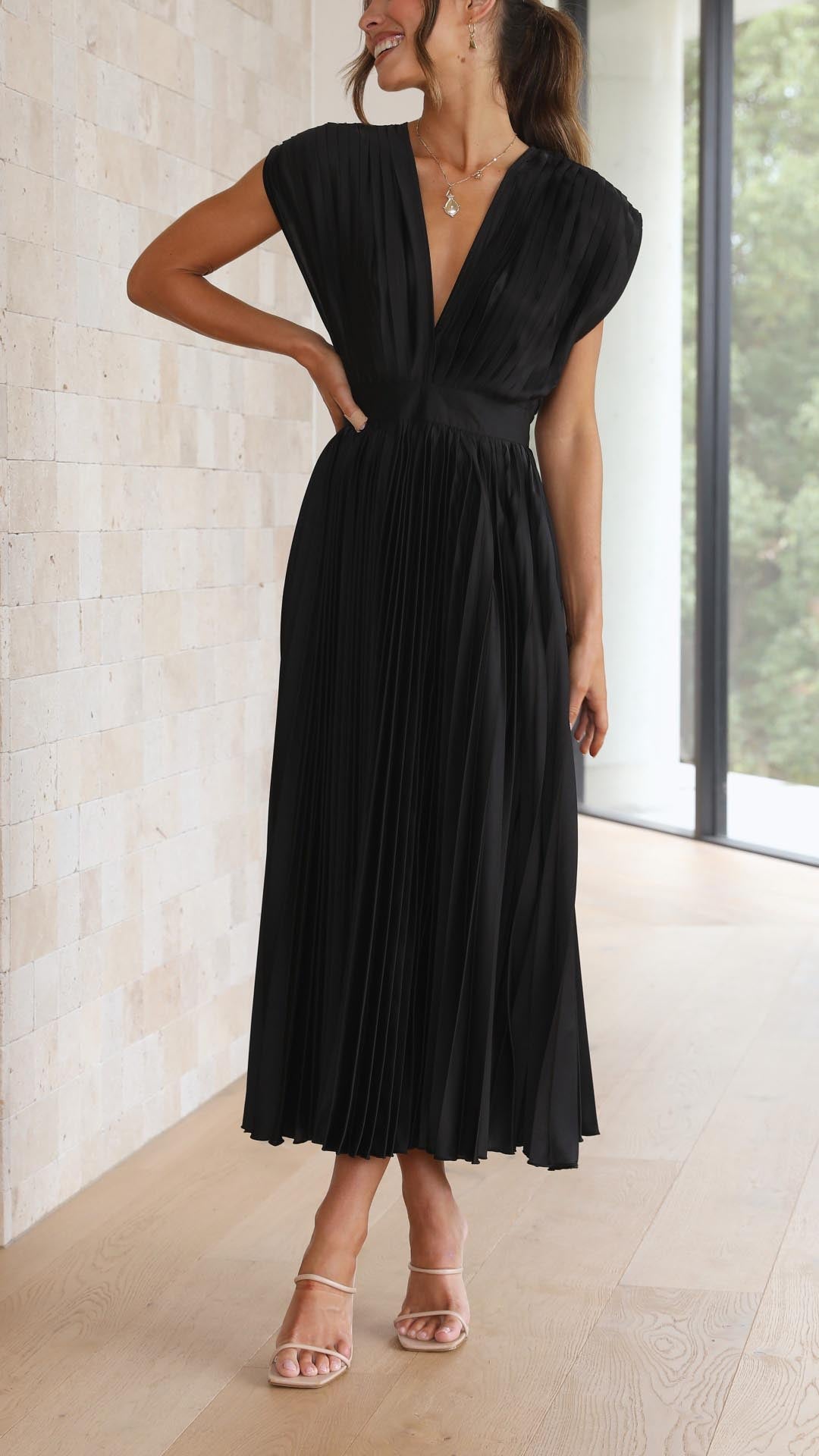 Seralyn | Women's Pleated V Neck Dress with Waist Detail