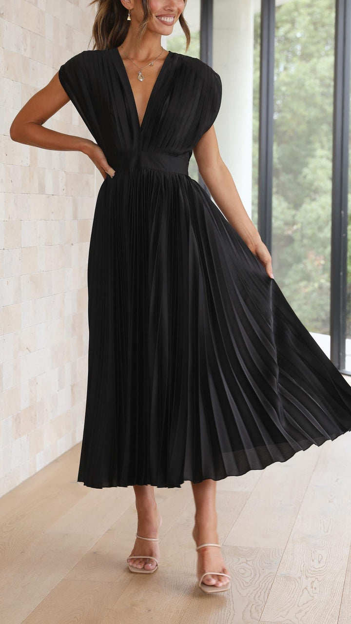 Seralyn | Women's Pleated V Neck Dress with Waist Detail
