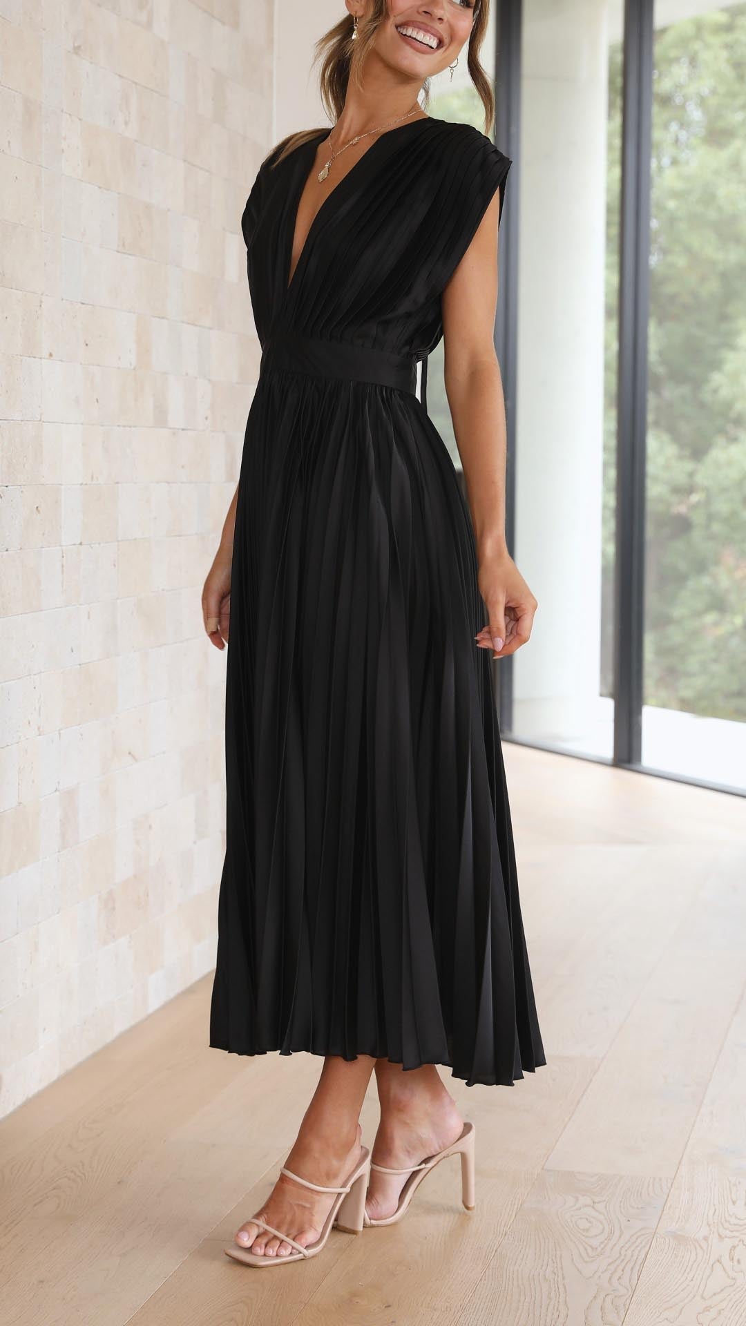 Seralyn | Women's Pleated V Neck Dress with Waist Detail