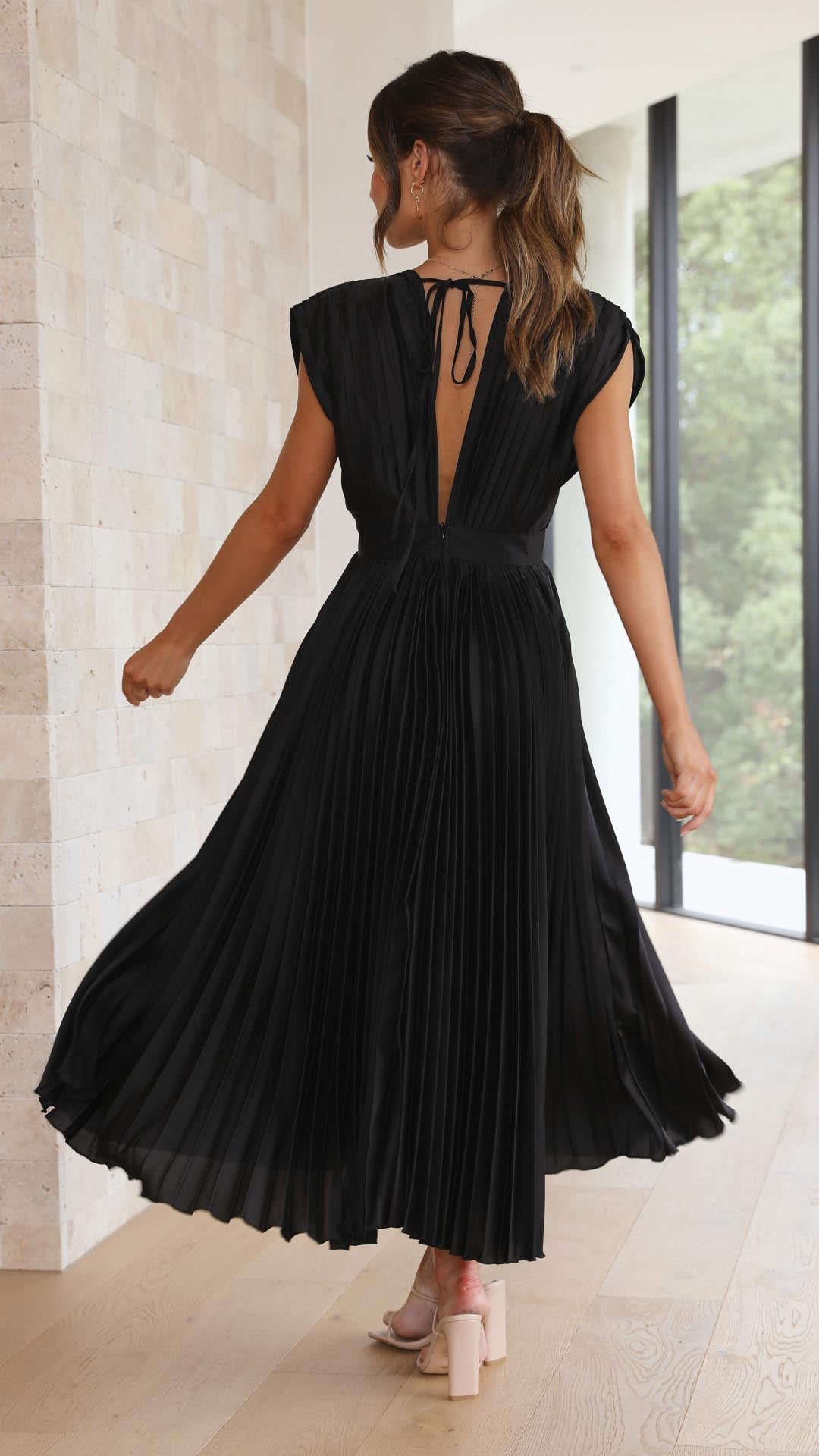 Seralyn | Women's Pleated V Neck Dress with Waist Detail