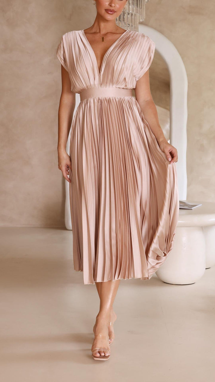 Seralyn | Women's Pleated V Neck Dress with Waist Detail