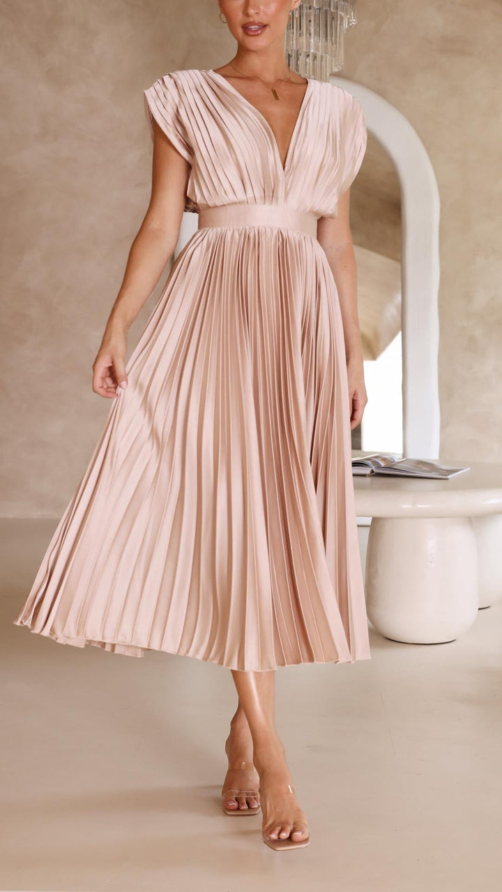 Seralyn | Women's Pleated V Neck Dress with Waist Detail