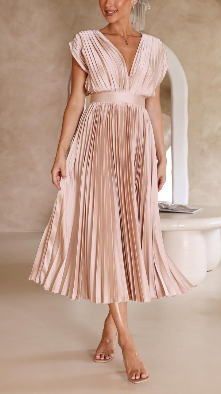 Seralyn | Women's Pleated V Neck Dress with Waist Detail