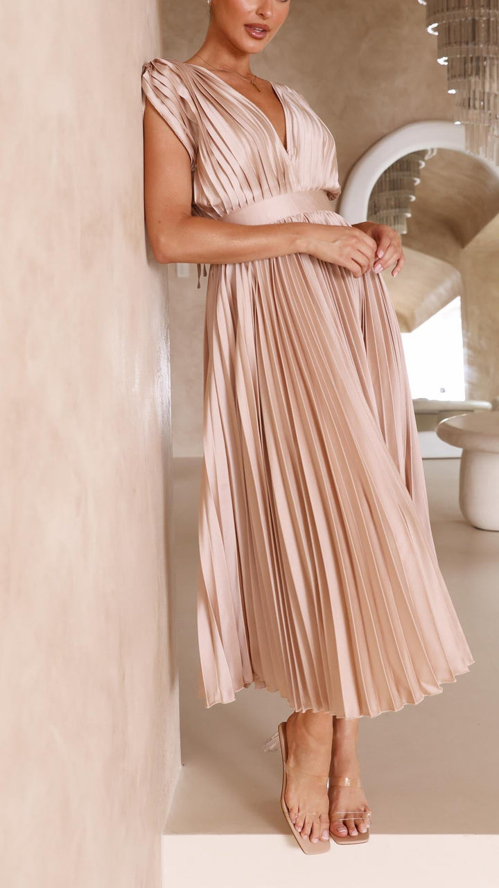 Seralyn | Women's Pleated V Neck Dress with Waist Detail