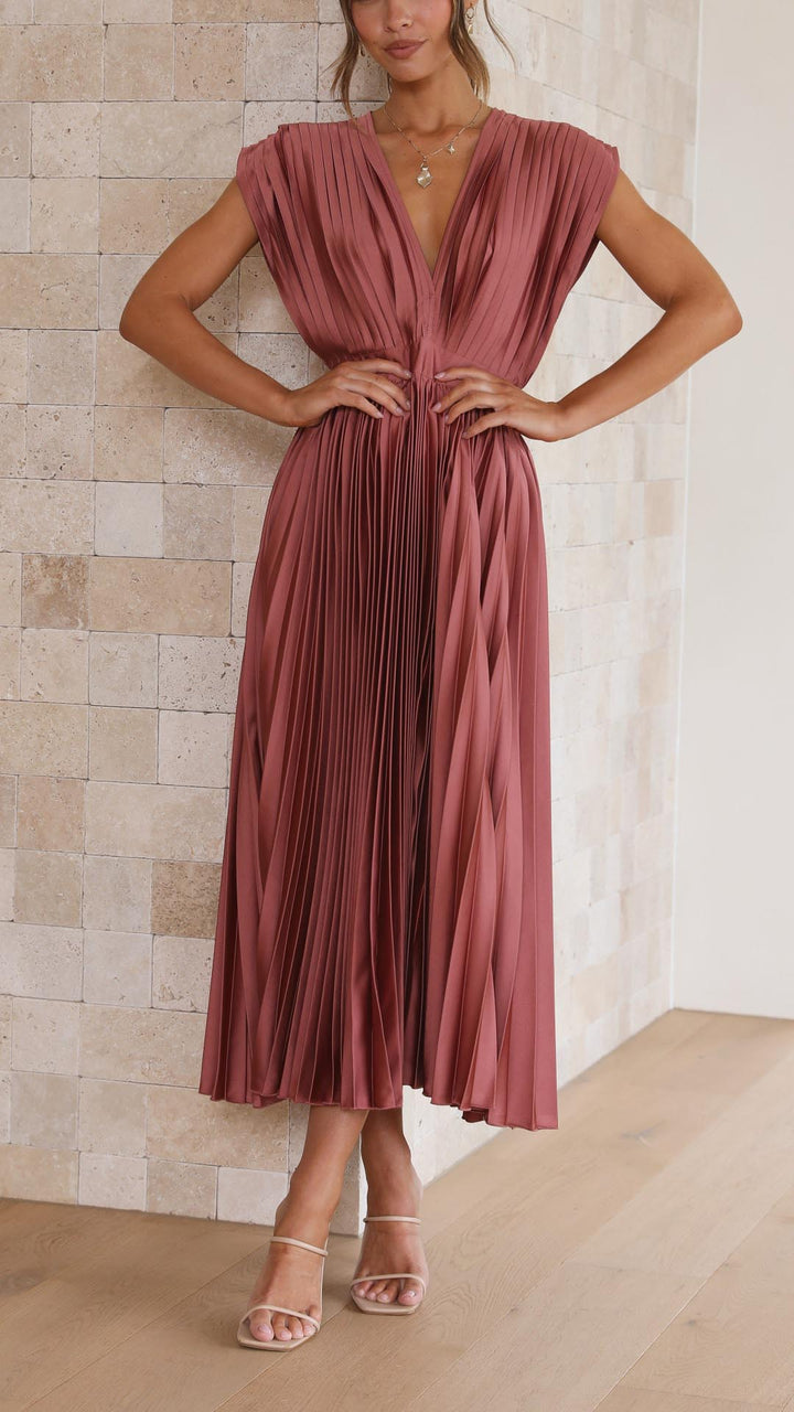 Seralyn | Women's Pleated V Neck Dress with Waist Detail