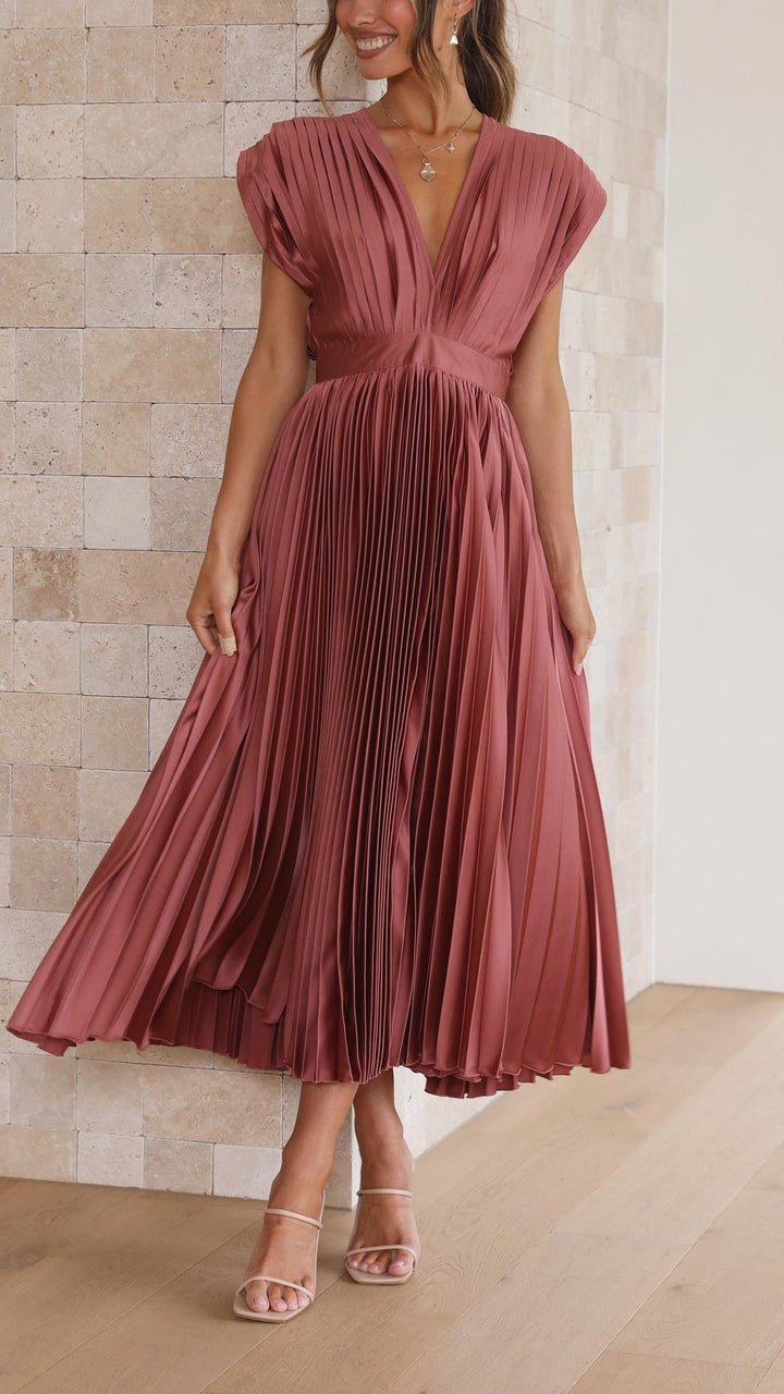 Seralyn | Women's Pleated V Neck Dress with Waist Detail