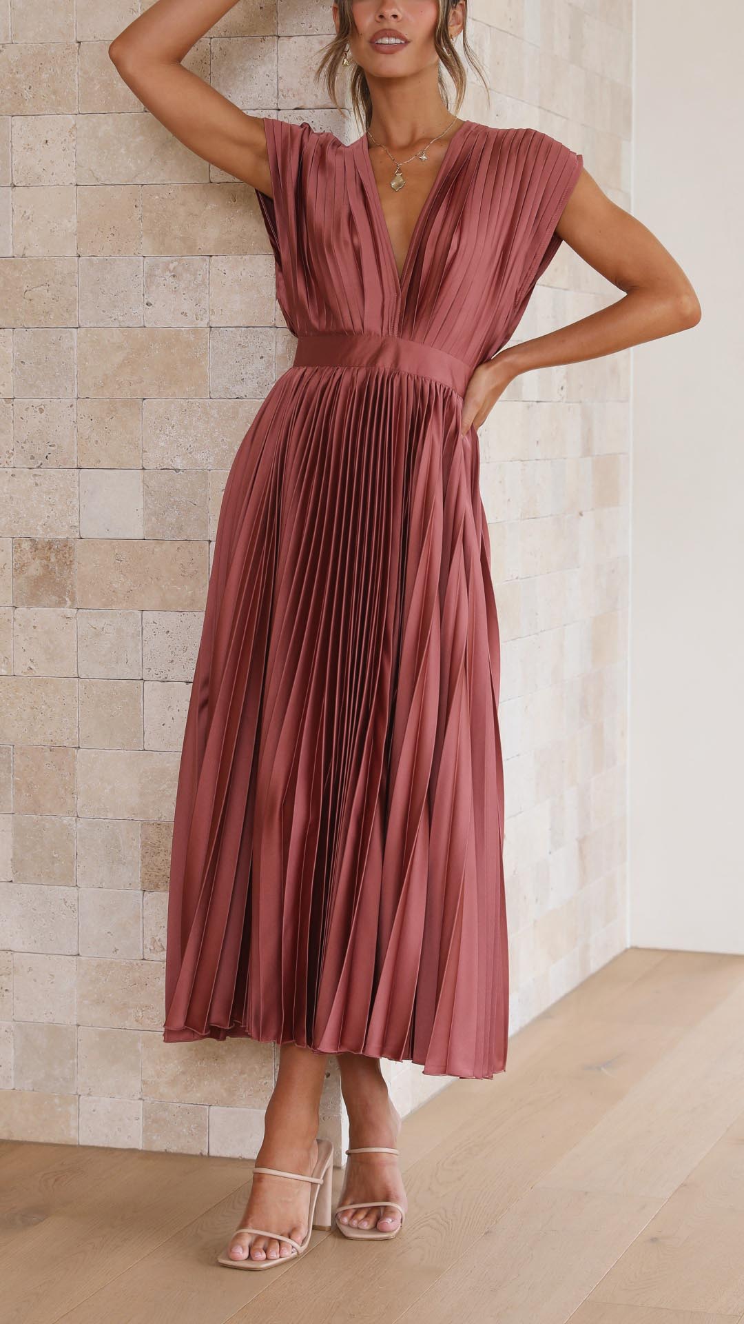 Seralyn | Women's Pleated V Neck Dress with Waist Detail