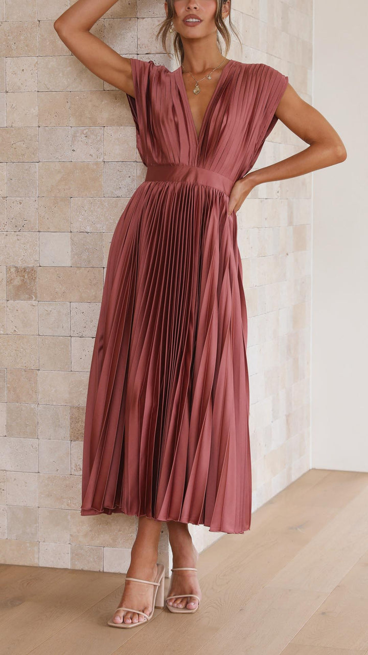 Seralyn | Women's Pleated V Neck Dress with Waist Detail