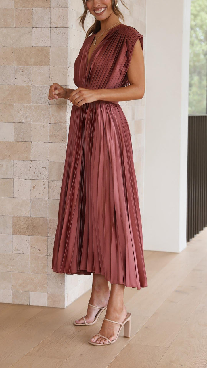 Seralyn | Women's Pleated V Neck Dress with Waist Detail