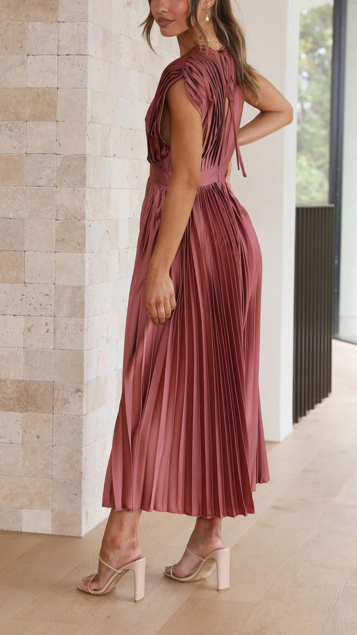 Seralyn | Women's Pleated V Neck Dress with Waist Detail