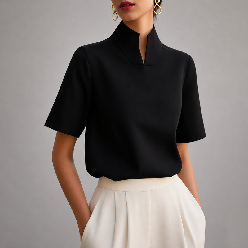Valenna | Women's V Cut Mock Neck Short Sleeve Blouse