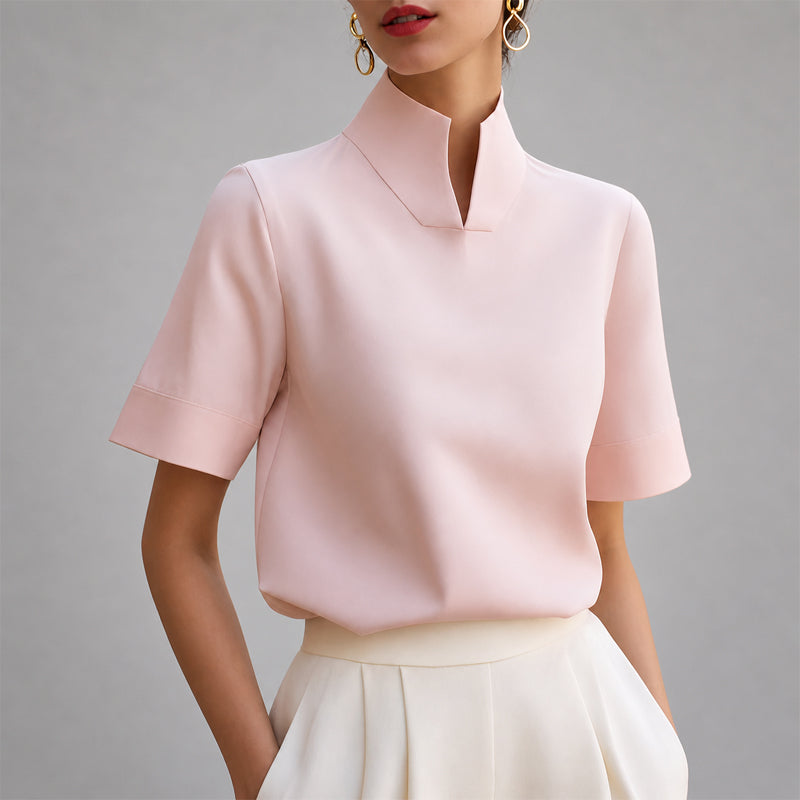 Valenna | Women's V Cut Mock Neck Short Sleeve Blouse