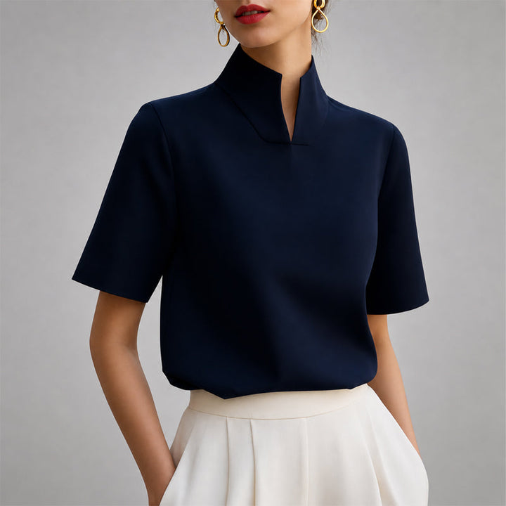 Valenna | Women's V Cut Mock Neck Short Sleeve Blouse