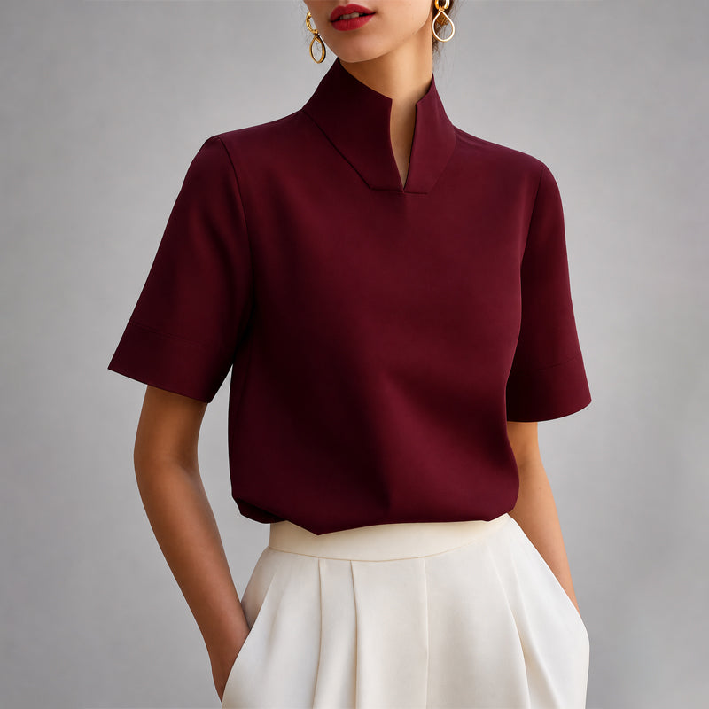 Valenna | Women's V Cut Mock Neck Short Sleeve Blouse