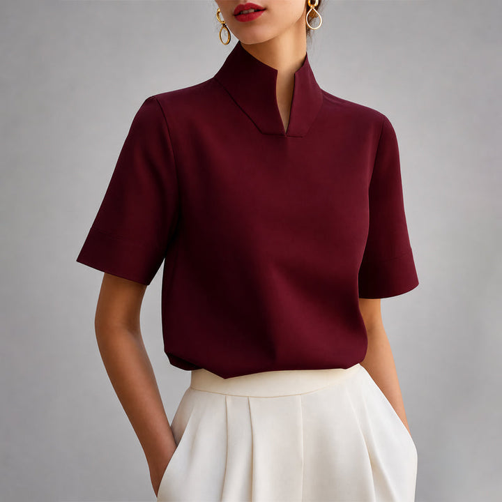 Valenna | Women's V Cut Mock Neck Short Sleeve Blouse