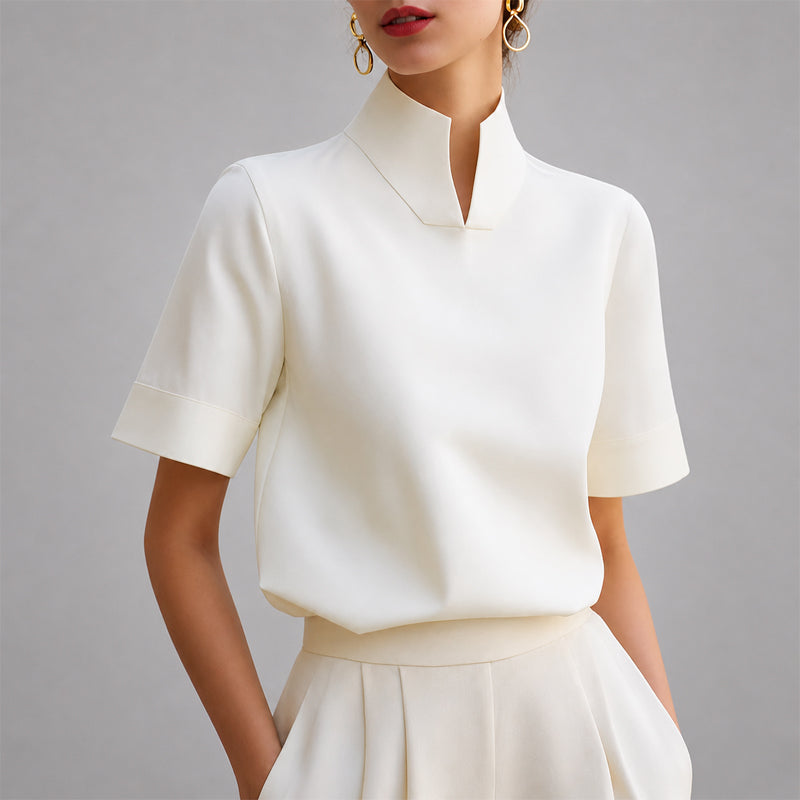 Valenna | Women's V Cut Mock Neck Short Sleeve Blouse