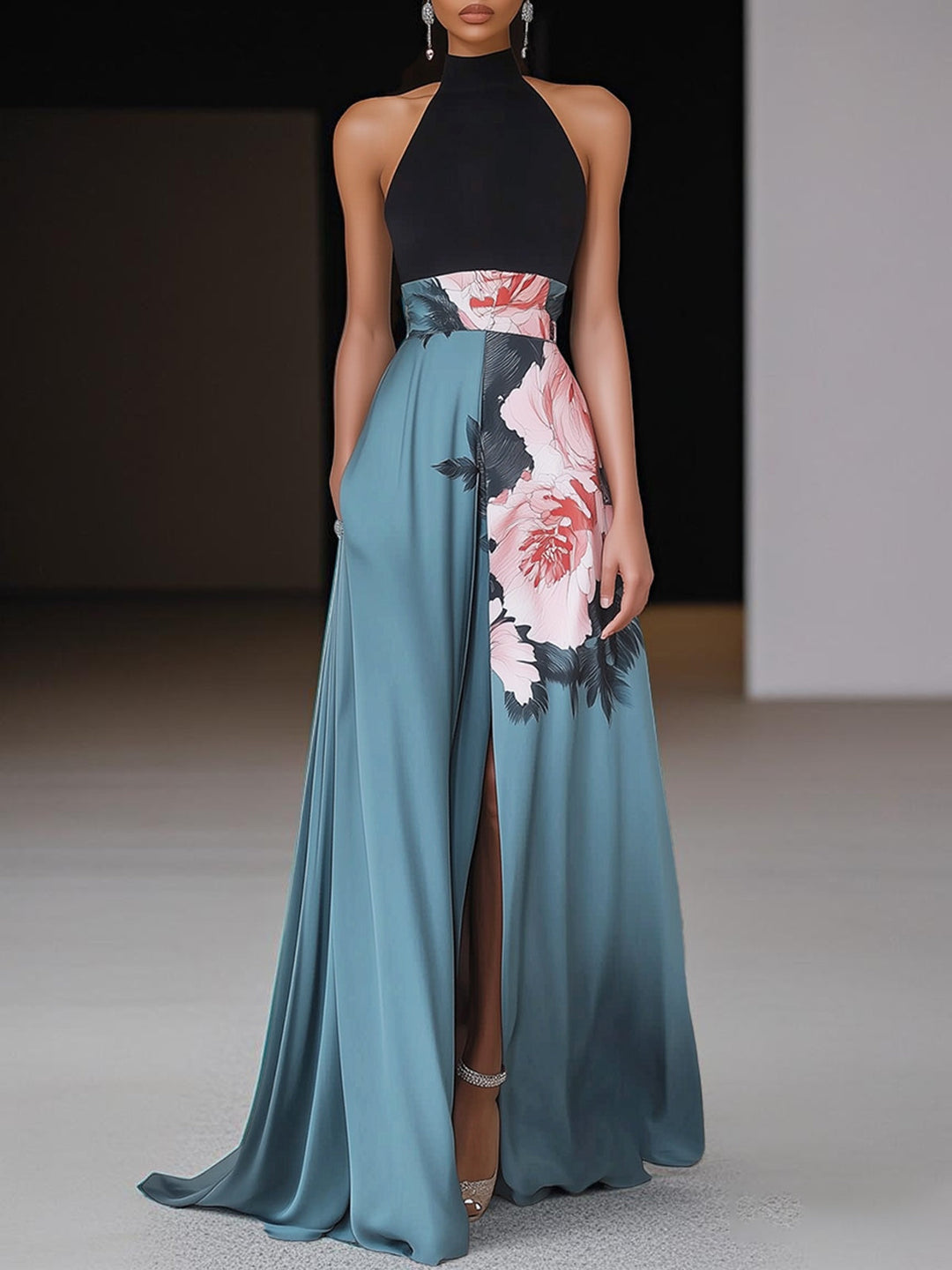 Seravelle | Women's Floral Halter Neck A Line Maxi Dress with Slit