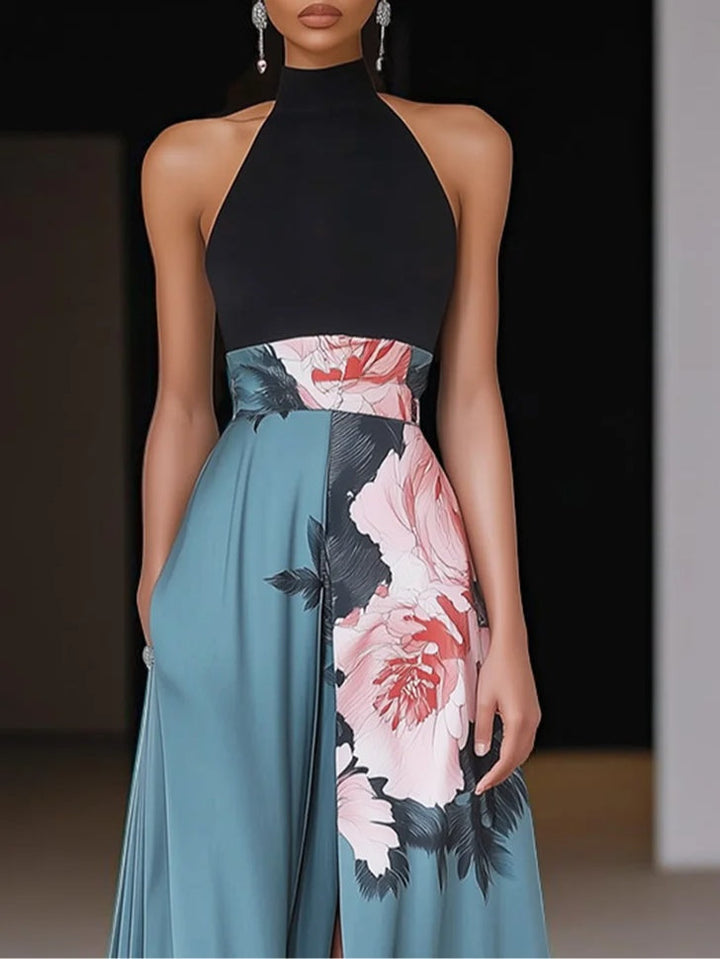 Seravelle | Women's Floral Halter Neck A Line Maxi Dress with Slit