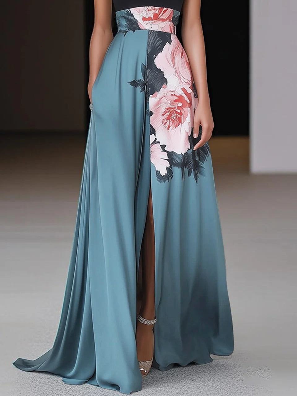 Seravelle | Women's Floral Halter Neck A Line Maxi Dress with Slit