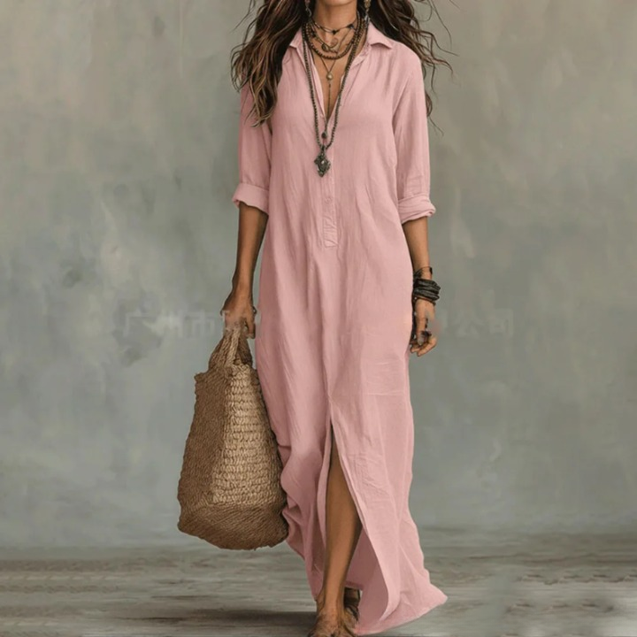 Relaxed linen long shirt dress for women | Agnes -4