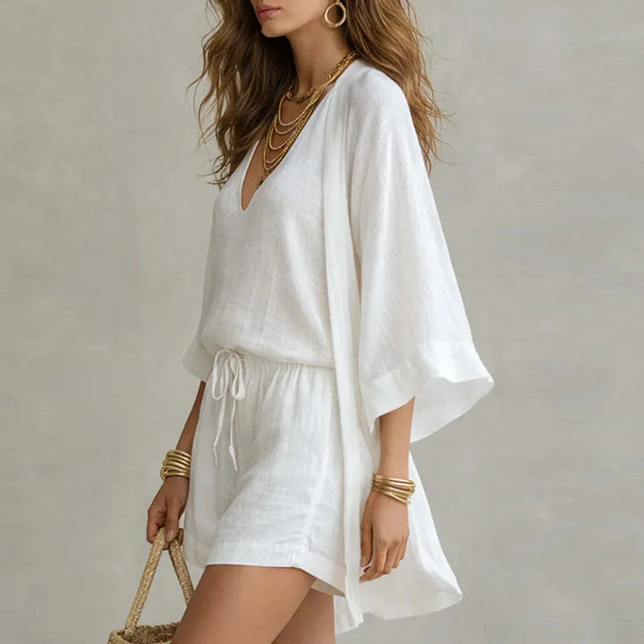 Elena | Women's Linen V Neck Three Piece Set with Shorts