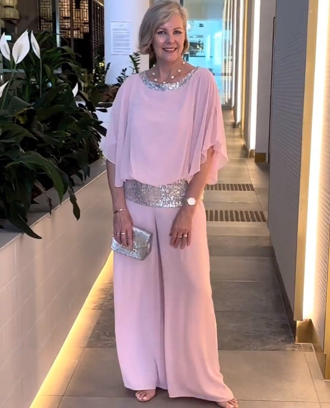 Nyla | Women's Sequin Neckline Blouse and Wide Leg Pants Set