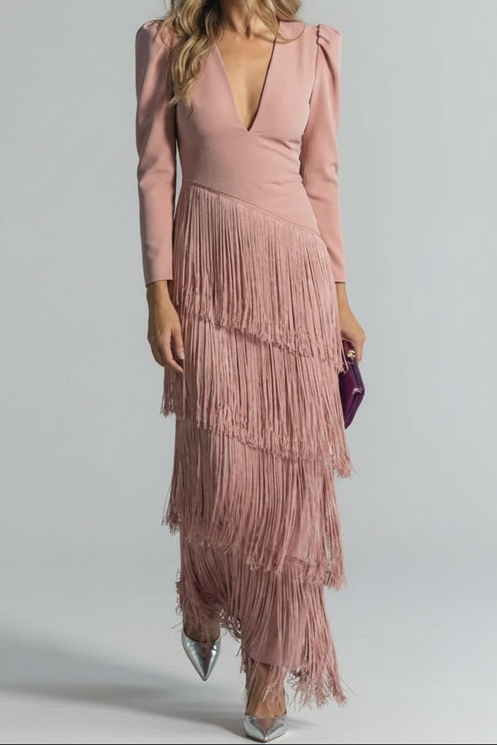 Lucy | Women's Long Sleeve Fringe Evening Gown