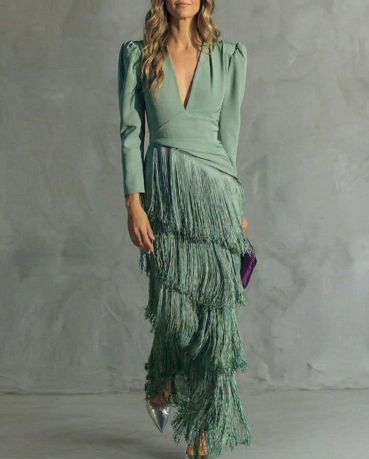 Lucy | Women's Long Sleeve Fringe Evening Gown