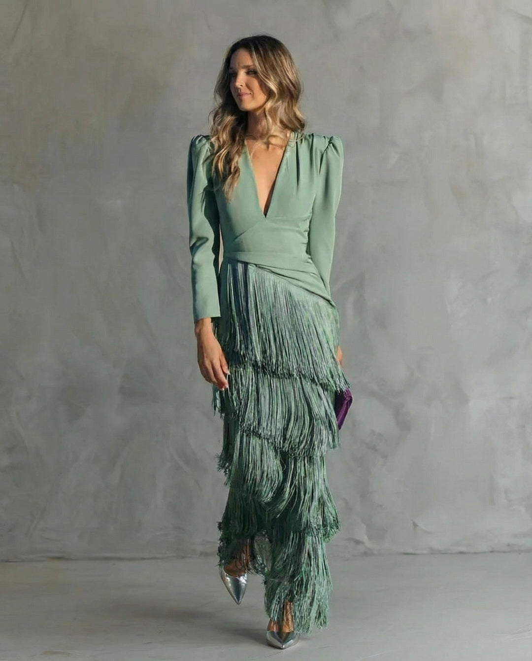 Lucy | Women's Long Sleeve Fringe Evening Gown