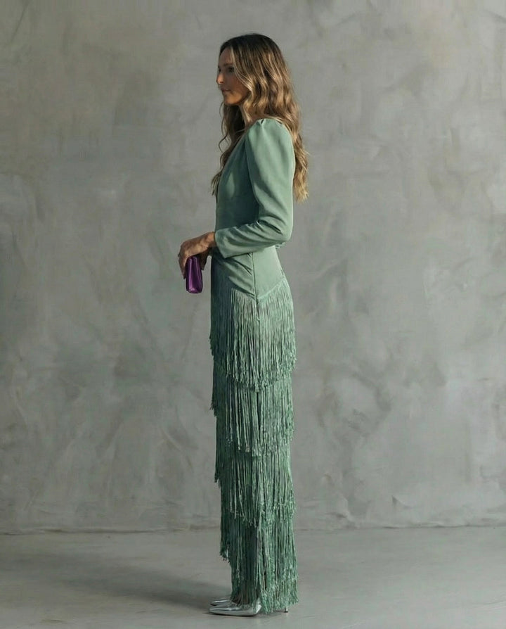 Lucy | Women's Long Sleeve Fringe Evening Gown