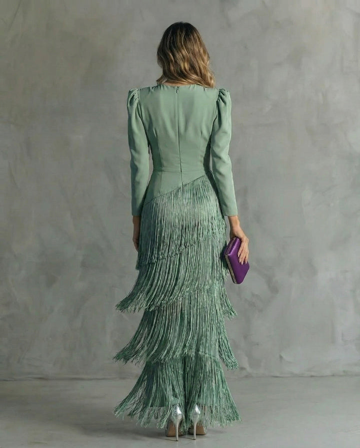 Lucy | Women's Long Sleeve Fringe Evening Gown