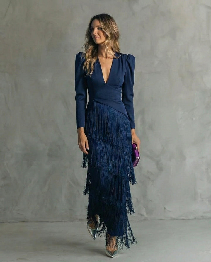 Lucy | Women's Long Sleeve Fringe Evening Gown