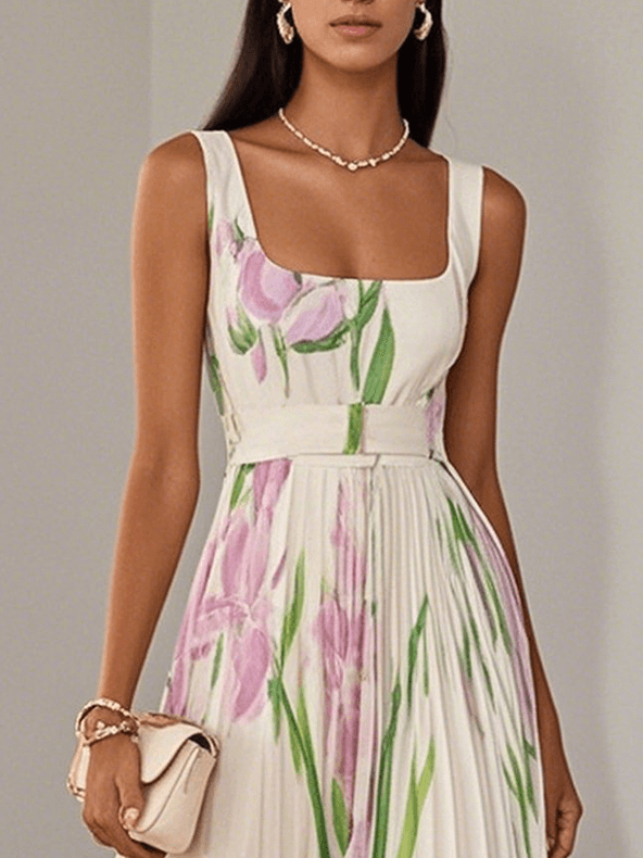 Floral square neck pleated maxi dress for women -2