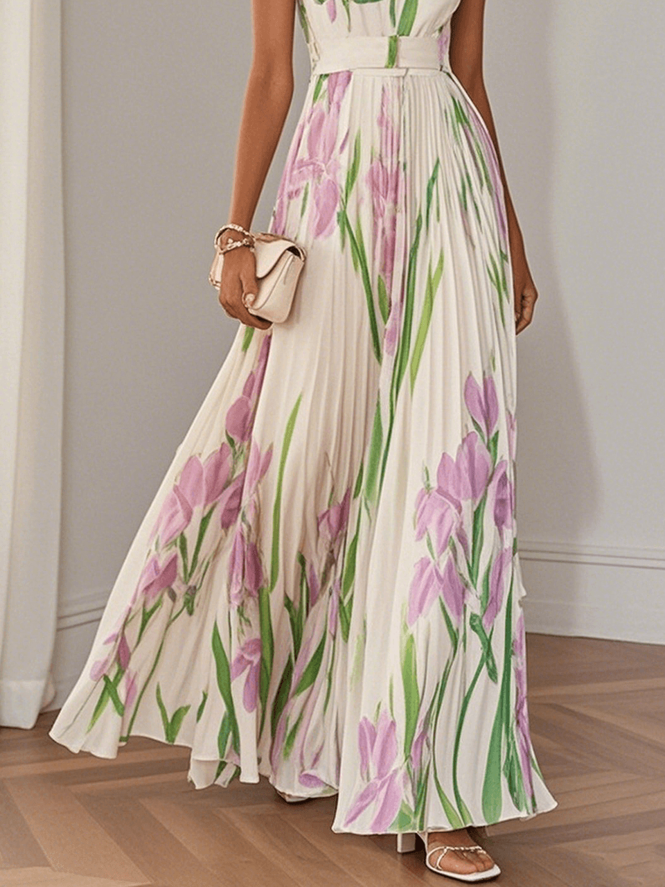 Floral square neck pleated maxi dress for women -3