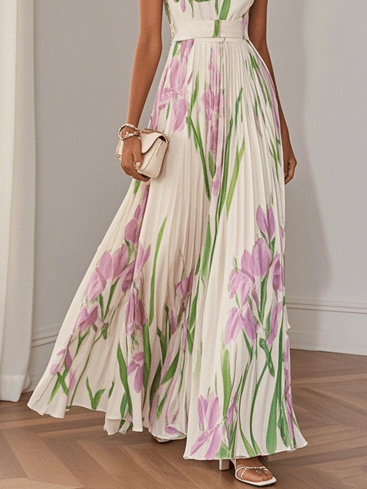 Floral square neck pleated maxi dress for women -3