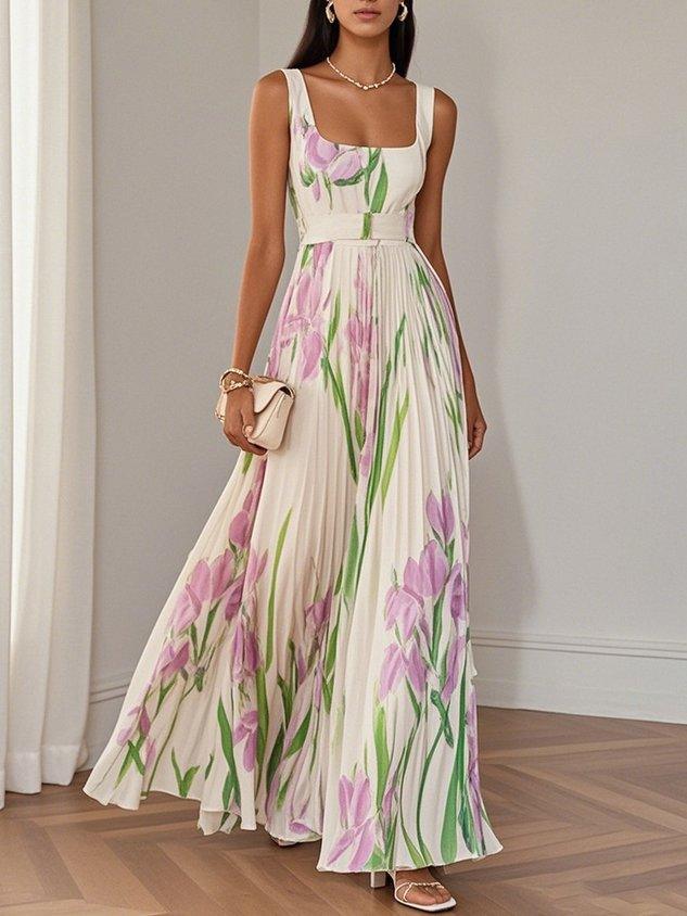Floral square neck pleated maxi dress for women -4