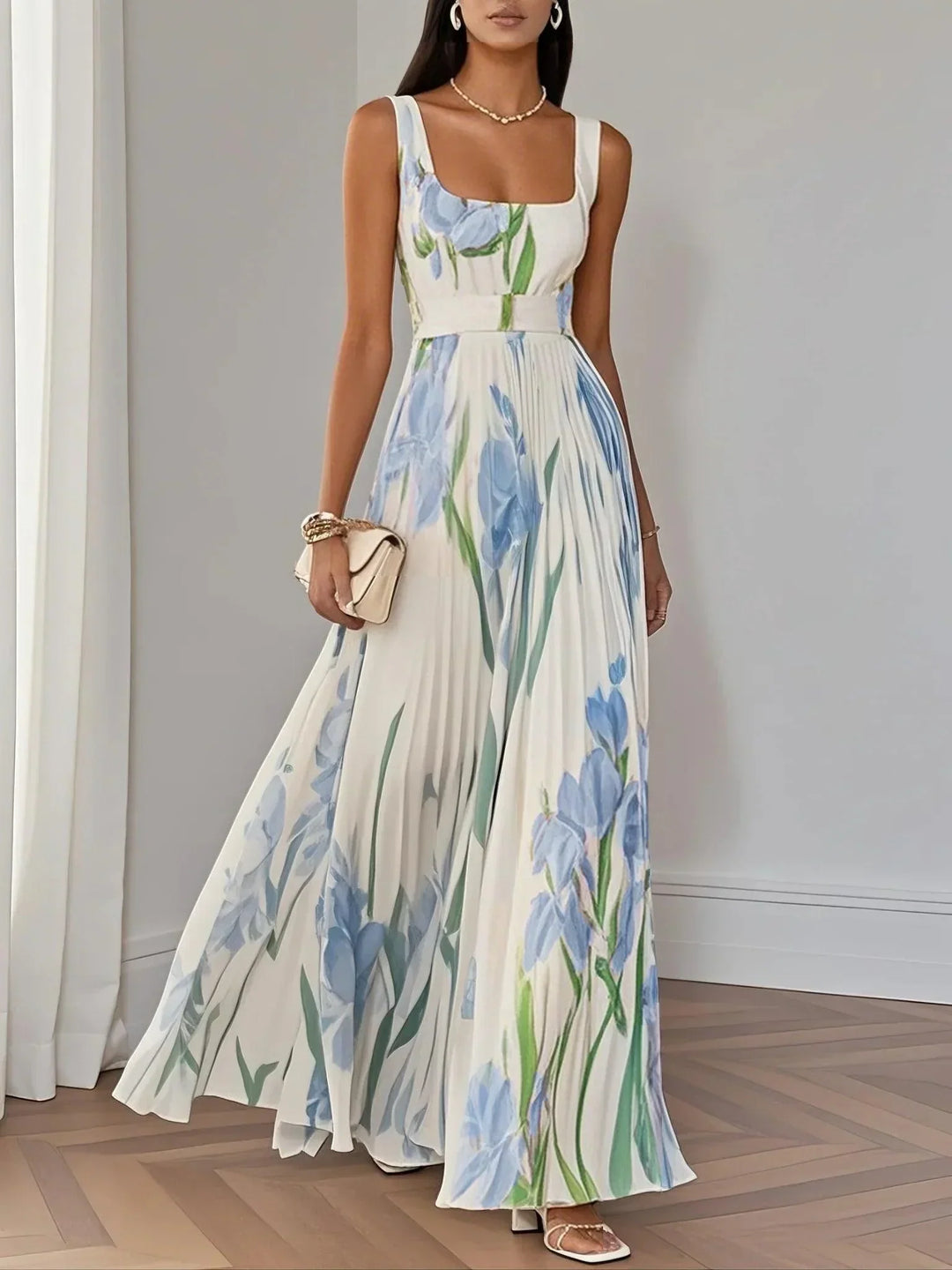 Floral square neck pleated maxi dress for women -5